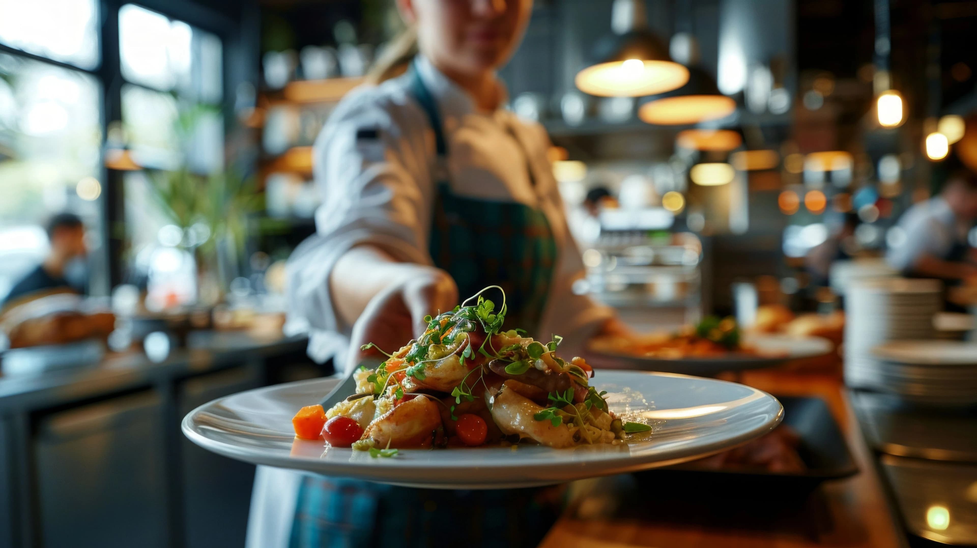 A server carrying a plated dish through a busy restaurant